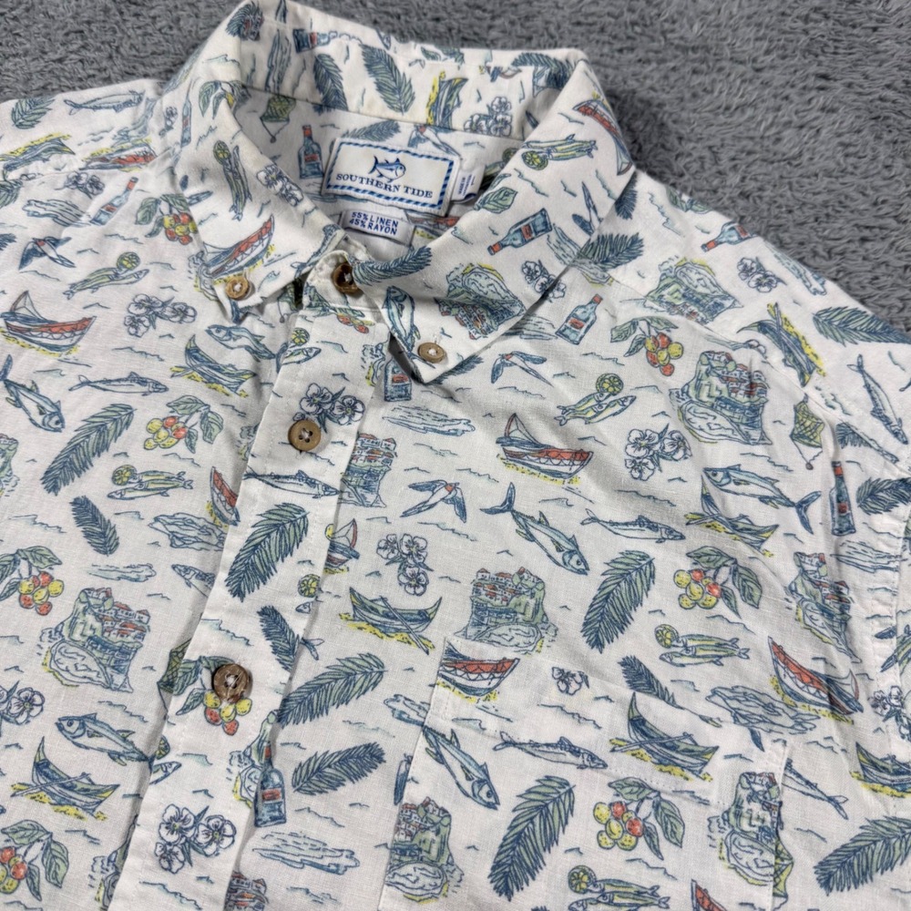 Southern Tide Button Shirt Mens Large White Linen Rayon Nautical Fish Print